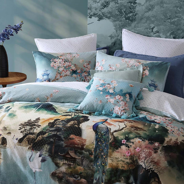 Super King Duvet Cover Set in Kinobo Blue featuring watercolor textures and Japanese bird motifs for a serene bedroom aesthetic.