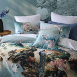 Kinobo Blue Queen Duvet Cover Set featuring Japanese landscapes, cotton sateen, and elegant tasselled edges for a Zen retreat.