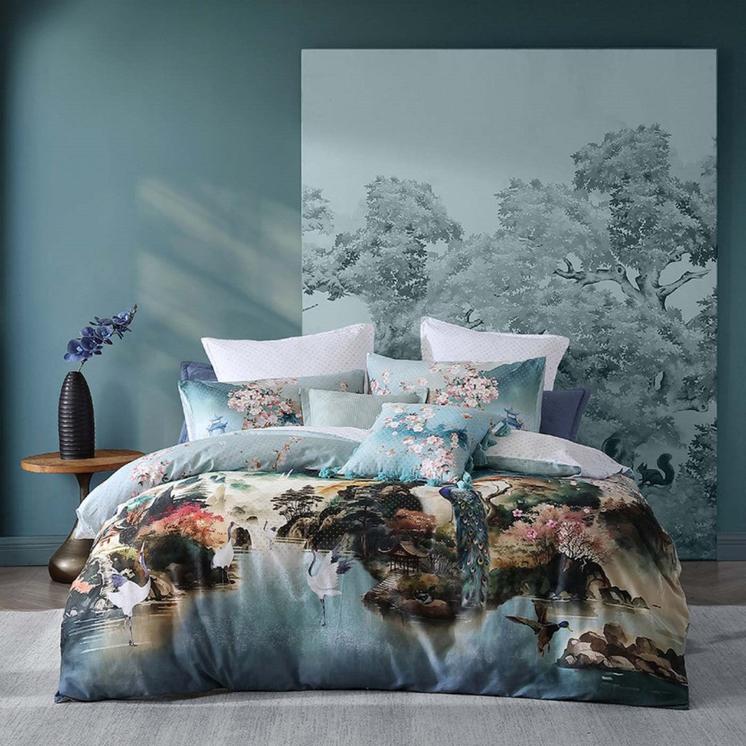 Super King Duvet Cover Set in Kinobo Blue features watercolor textures and Japanese bird motifs, perfect for a serene bedroom retreat.