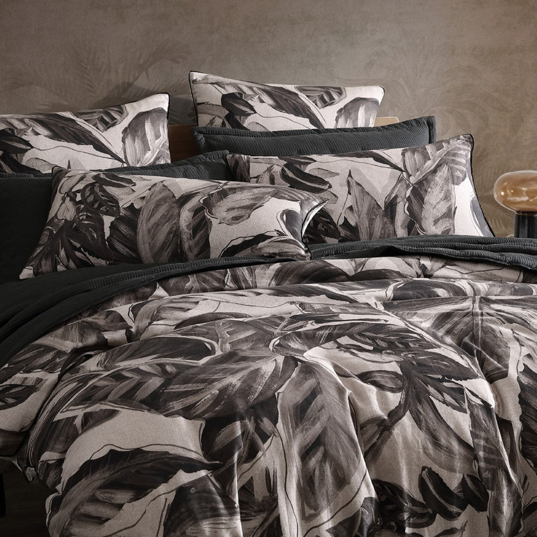 King Duvet Cover Set featuring exotic foliage on textured linen-look fabric, soft 100% Cotton Sateen with elegant ikat reverse.