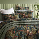 King Duvet Cover Set - Zawadi Green with vibrant foliage on charcoal, 100% cotton sateen, includes quilt cover and pillowcases.