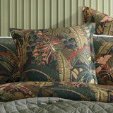 King Duvet Cover Set - Zawadi Green with tropical foliage on charcoal, featuring geometric reverse and elegant trim.