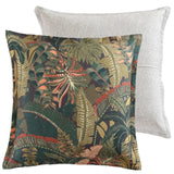 European Pillowcase in Zawadi Green featuring vibrant tropical foliage on charcoal, accented with tribal elements and stylish trim.