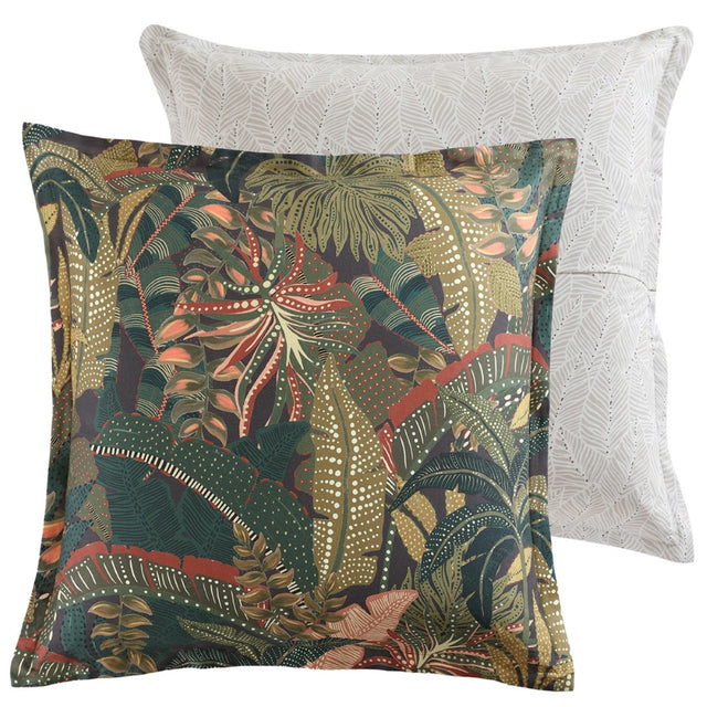 European Pillowcase in Zawadi Green featuring vibrant tropical foliage on charcoal, accented with tribal elements and stylish trim.