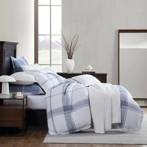 Elegant Queen Duvet Cover Set in white with check design, soft fabric, includes duvet cover and pillow cases, perfect for cozy decor.