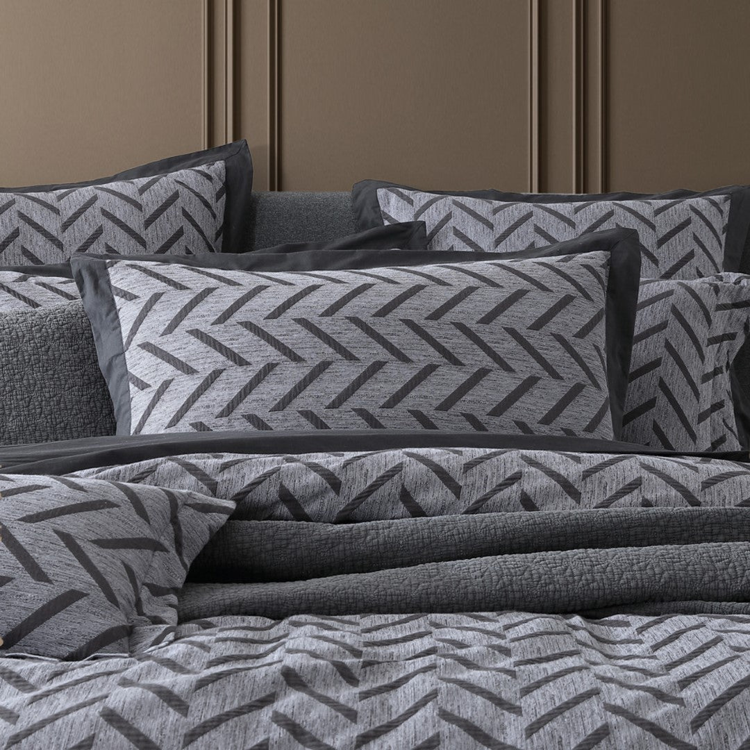 Queen Duvet Cover Set in charcoal with herringbone pattern, crafted from soft 100% cotton for modern bedroom elegance.