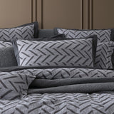 Queen Duvet Cover Set in charcoal with herringbone pattern, crafted from soft 100% cotton for modern bedroom elegance.