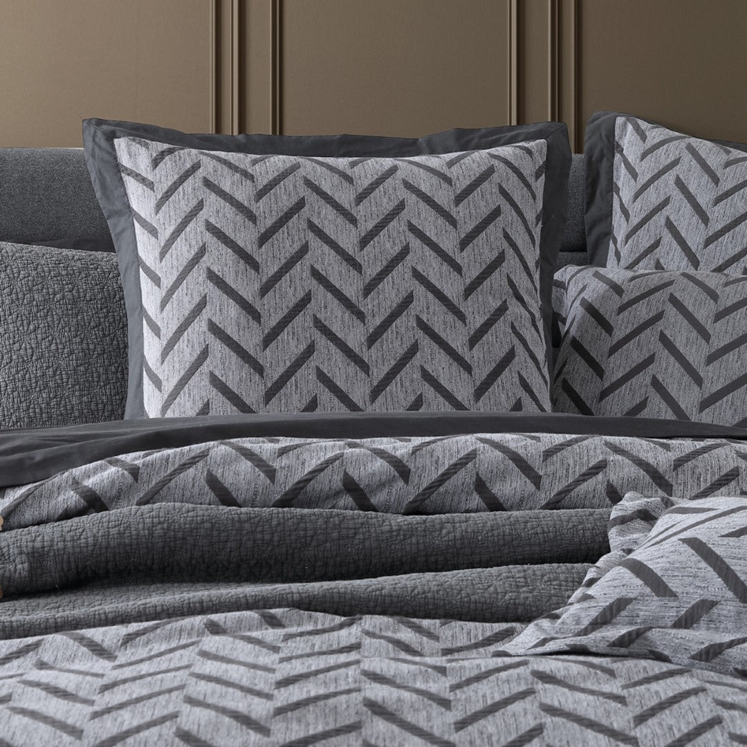 Queen Duvet Cover Set in Westport Charcoal with herringbone pattern, 100% cotton, includes quilt cover and pillowcases.