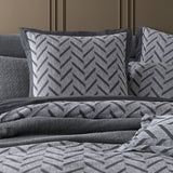 Queen Duvet Cover Set in Westport Charcoal with herringbone pattern, 100% cotton, includes quilt cover and pillowcases.