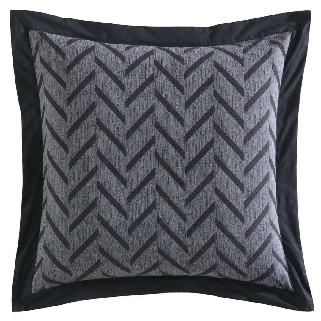 Charcoal European pillowcase with herringbone pattern and tailored flange, made from 100% cotton for stylish comfort.