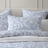 Luxurious Queen Duvet Cover Set featuring modern Jacobean floral motifs in Moss and Sky colors, includes quilt and pillowcases.