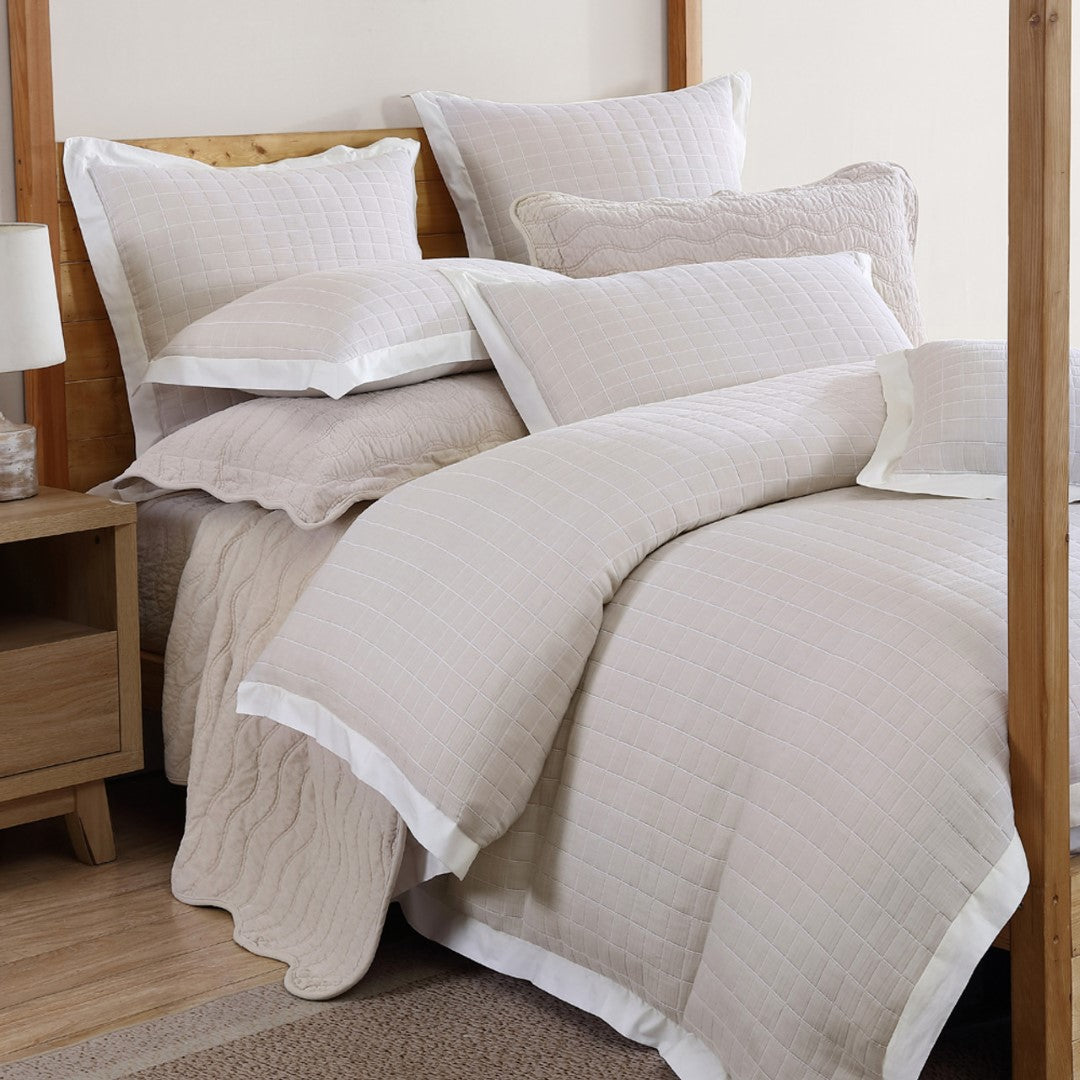 Super King Duvet Cover Set in Kingston Stone, features elegant check pattern, tailored flange, and 100% cotton for luxury and comfort.