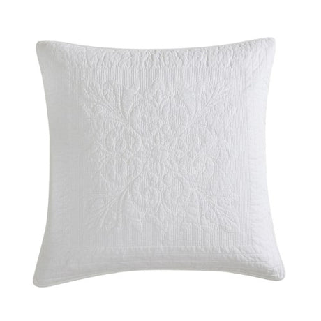 Luxurious ivory Eurosham with quilted design, self-bound trim, and modern damask texture for elegant bedroom decor.