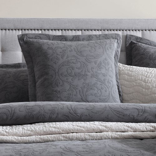 Marbella Charcoal European Pillowcase featuring a modern damask design, 100% cotton, and a luxurious stonewashed finish.