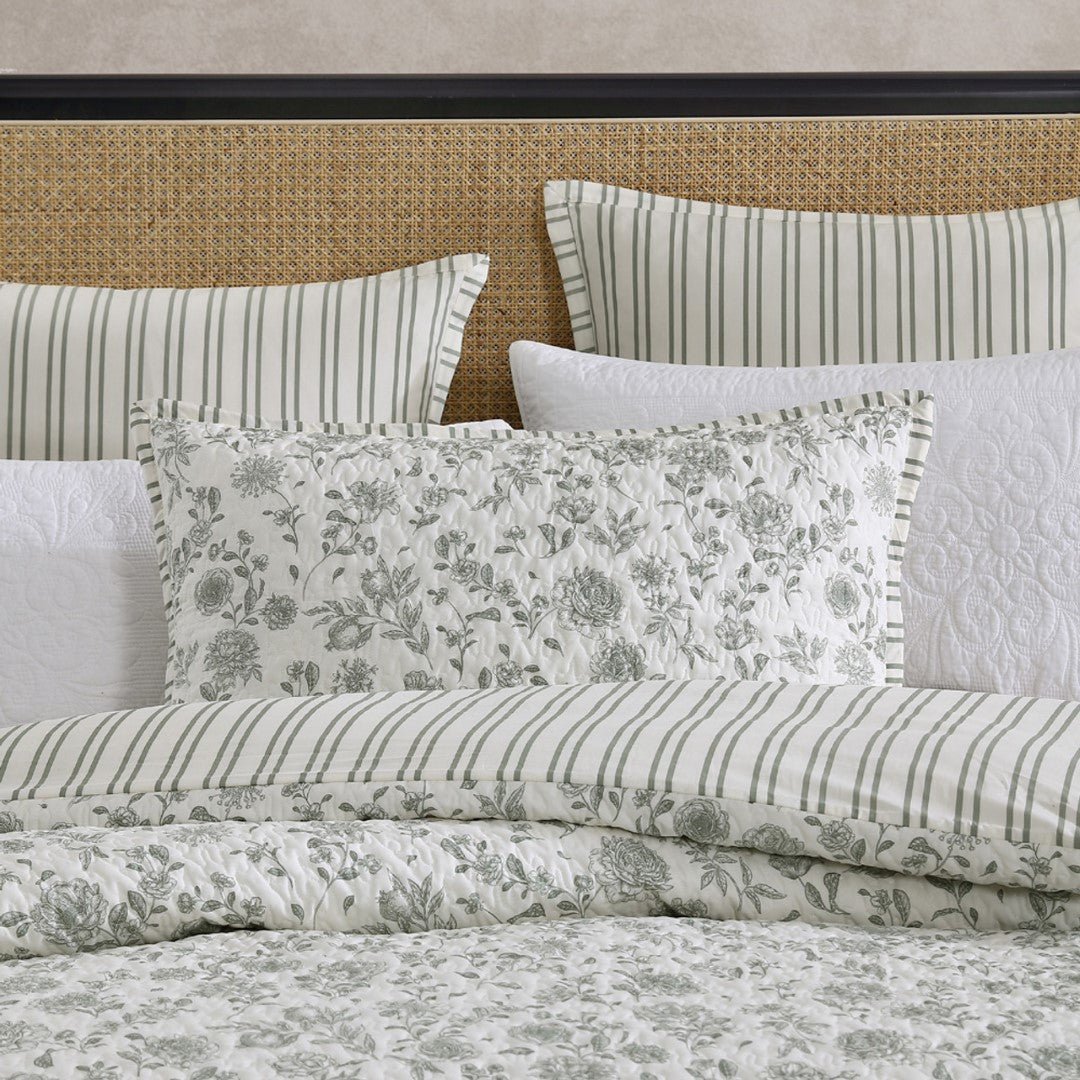 Elegant Marthas Orchard Sage Queen Duvet Cover Set featuring rose design and linear florals for a stylish bedroom retreat.