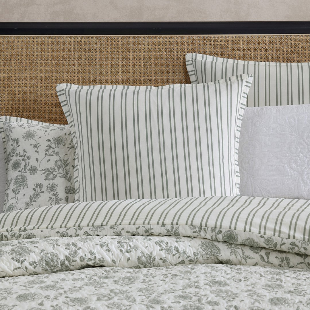 Elegant Marthas Orchard Sage European pillowcase featuring a subtle pinstripe design and tailored flange trim in 100% cotton.