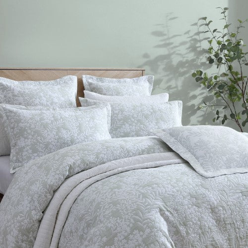 Queen Duvet Cover Set featuring native Australian foliage design in sage tones, with pompom lace trim and premium fabric.