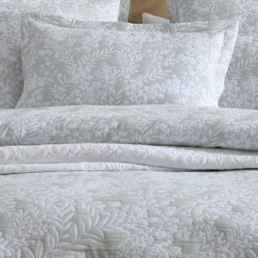 Super King Duvet Cover Set in Quinn Sage with nature-inspired design, featuring a jacquard front and elegant self-flange trim.