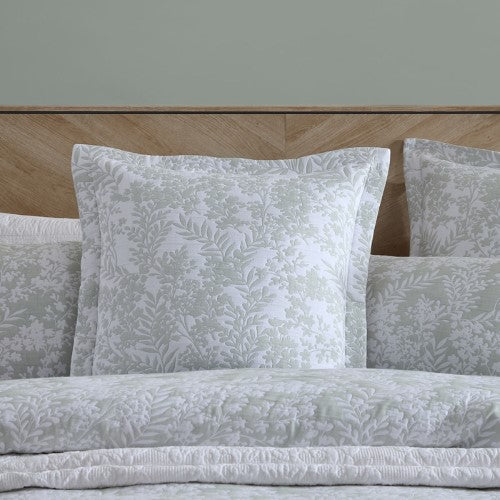 Sage European pillowcase with lace trim, inspired by Australian foliage, blending elegance with modern comfort in a serene design.