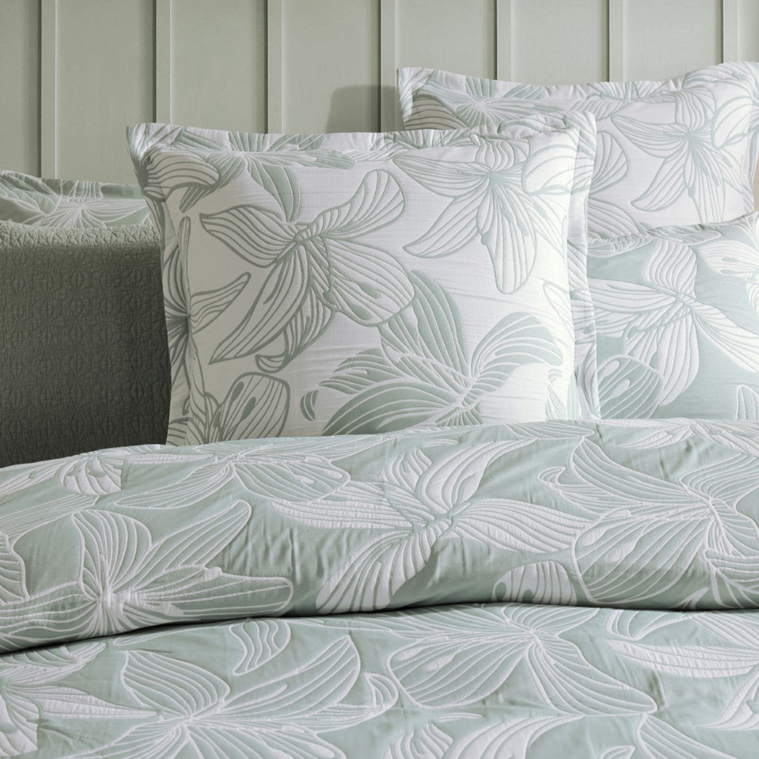 Grace Sage European Pillowcase featuring a stylized hibiscus floral design in soft colors, measuring 65cm x 65cm.