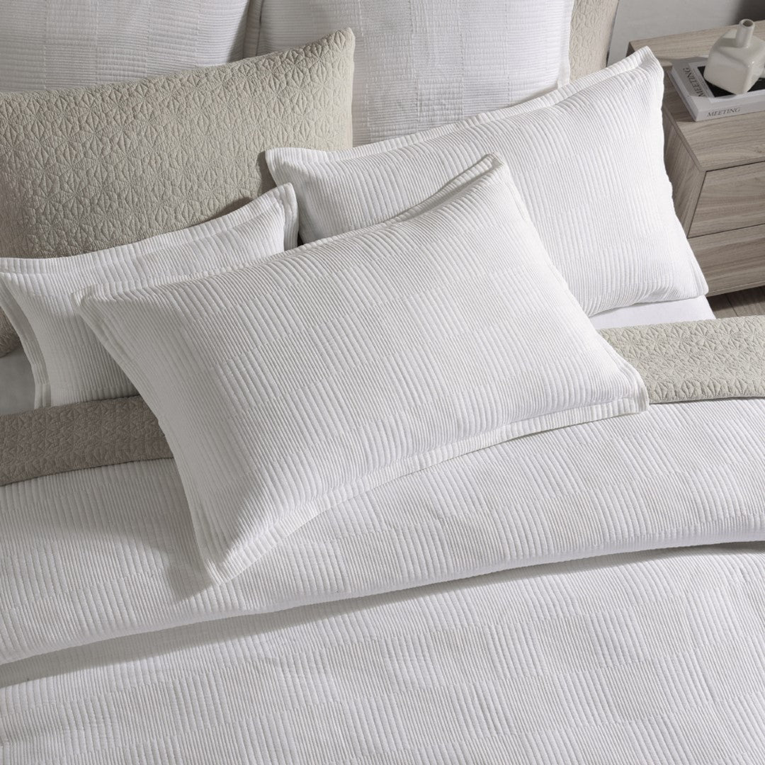 Queen Duvet Cover Set in Platinum Caspian White featuring an elegant matelasse design with alternating stripes and check pattern.