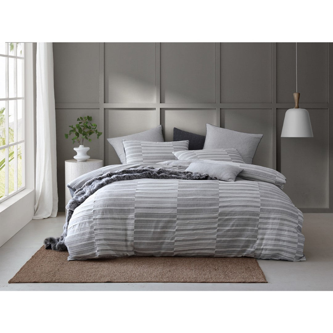 Platinum Balmoral Ash Queen Duvet Cover Set featuring textured checks, stripes, and piped edges for a chic bedroom upgrade.