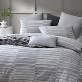 Platinum Balmoral Ash Queen Duvet Cover Set featuring textured check pattern and piped edges for a sophisticated bedroom upgrade.