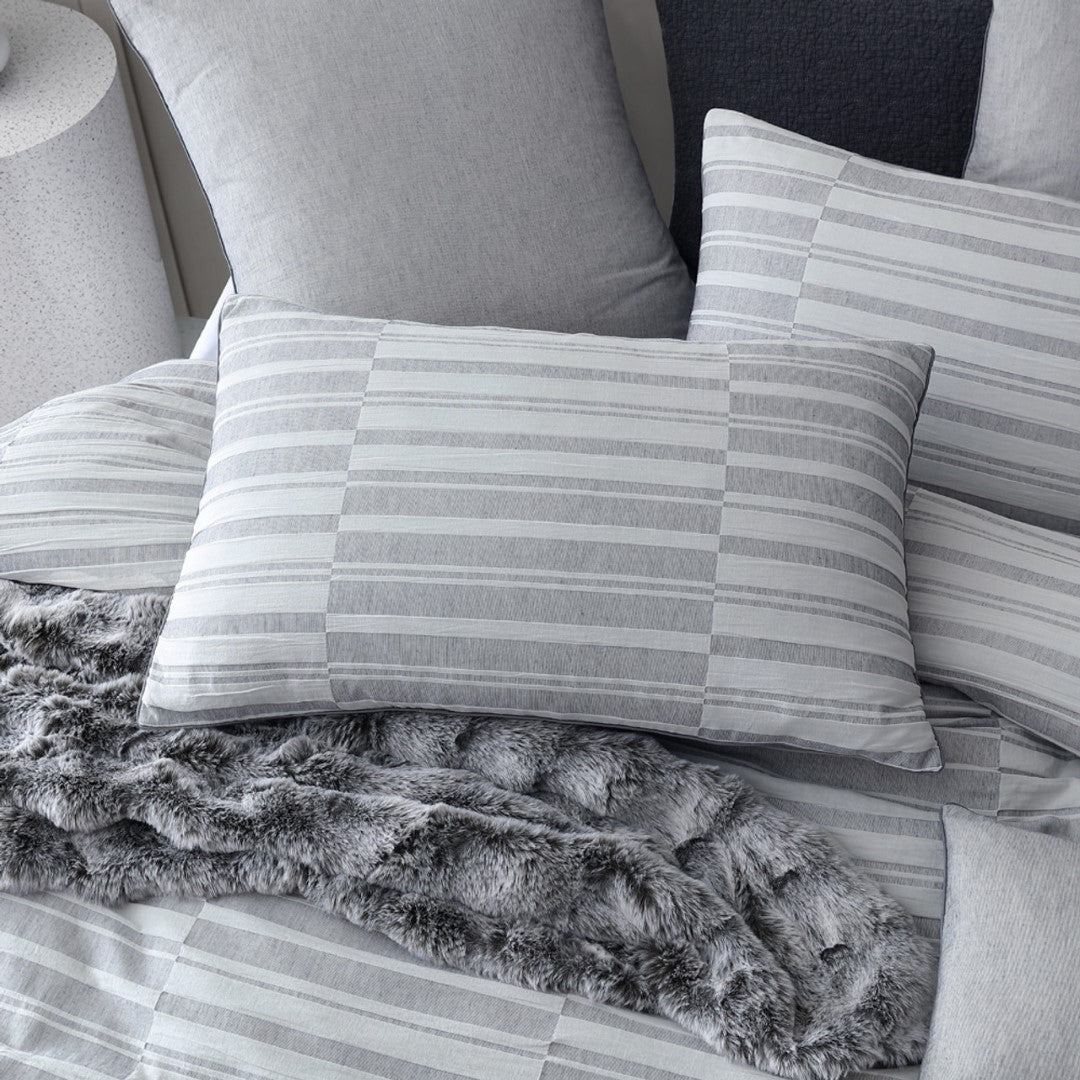 Platinum Balmoral Ash Queen Duvet Cover Set featuring textured checks, stripes, and piped edges for a sophisticated bedroom upgrade.