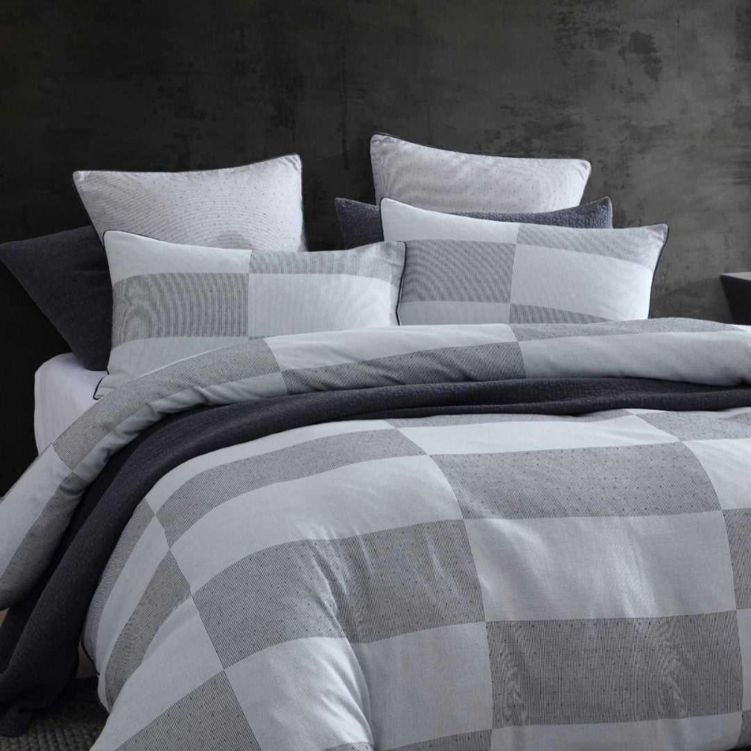 Queen Duvet Cover Set in Region Grey, featuring modern geometric design, 100% cotton jacquard, includes quilt cover and pillowcases.