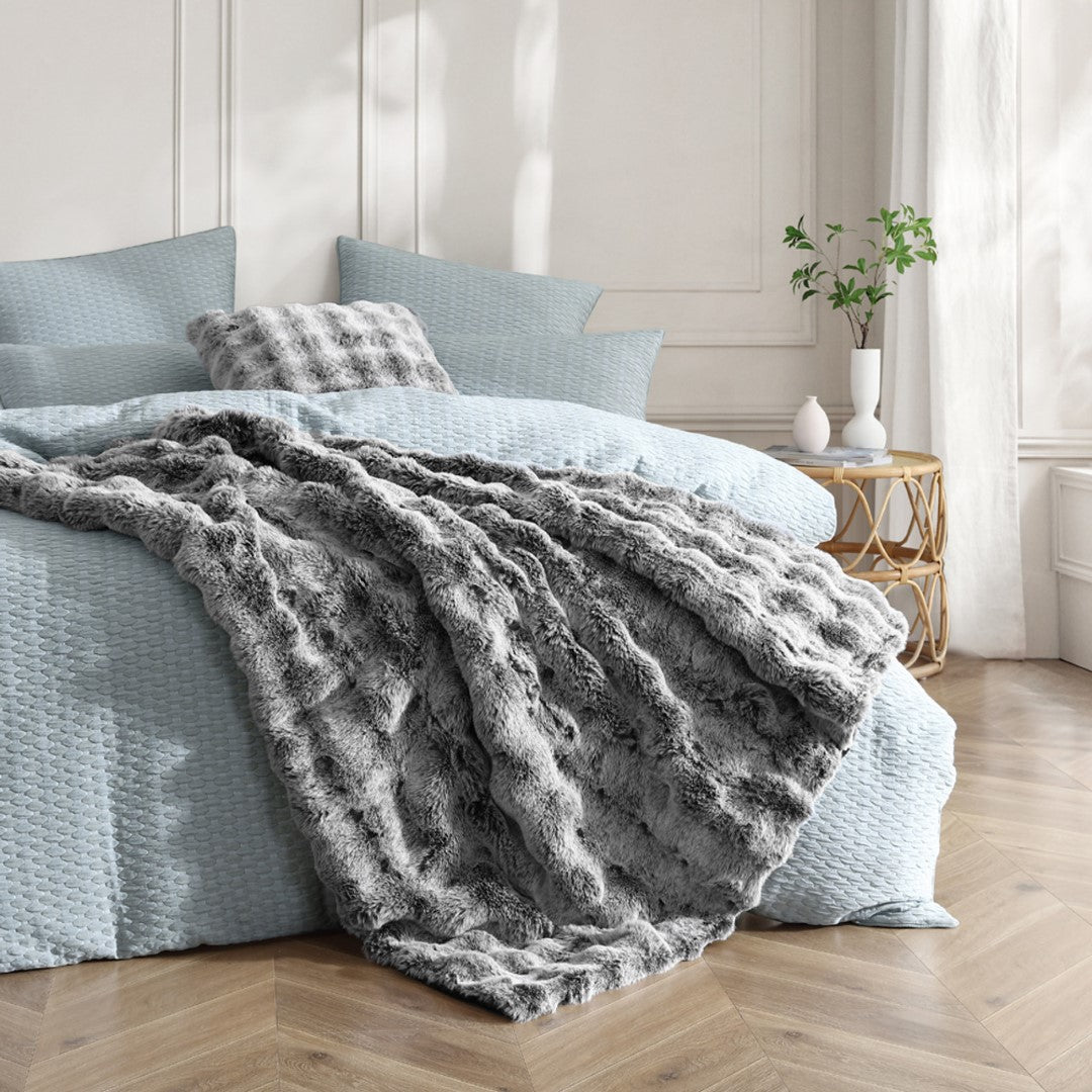 Luxurious grey faux rabbit fur throw blanket, 127cm x 152cm, perfect for cozying up on sofas or beds.