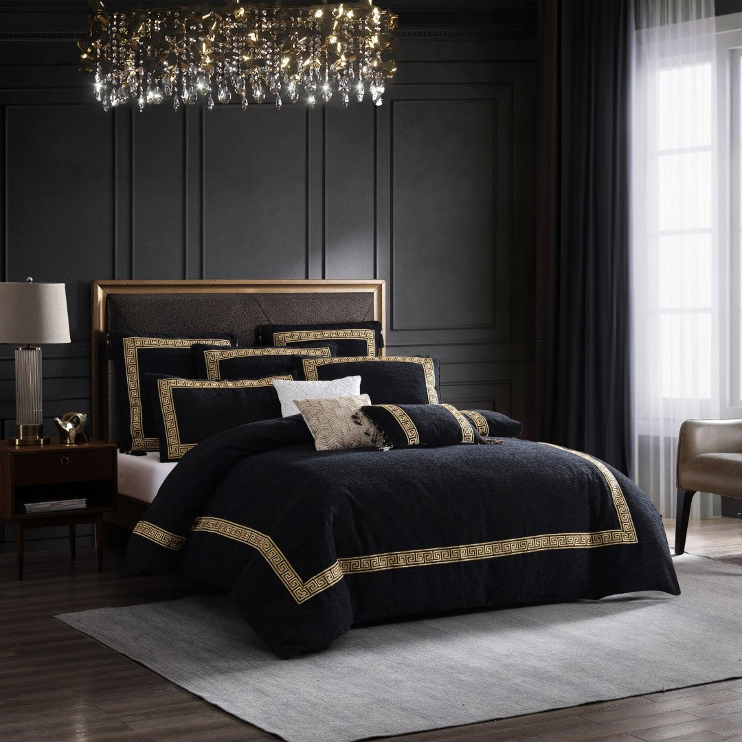 King Duvet Cover Set in black and gold, featuring a Greek key design, embroidery, and tassels for luxurious bedroom decor.