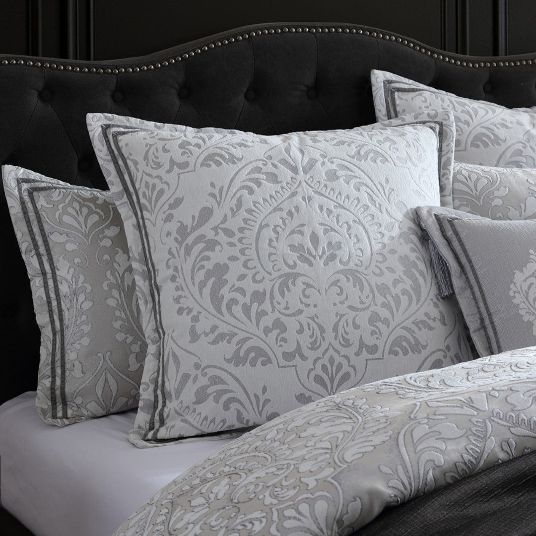 Queen Duvet Cover Set in silver and ivory, featuring jacquard damask design and double grosgrain tape for elegant styling.