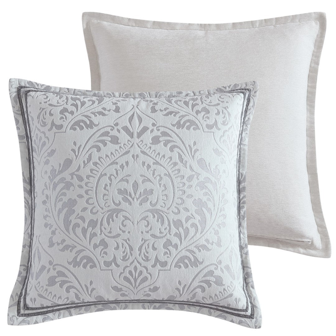 European Pillowcase - Alexander Silver featuring intricate jacquard damask design in ivory and silver, 65cm x 65cm.