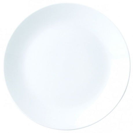 Set of 12 Royal Porcelain round coupe plates, durable with a smooth white finish and double glazing, resistant to scratches.