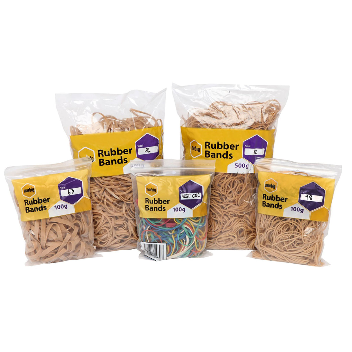 Natural rubber bands in size 18, 500g pack, ideal for bundling and organizing items effectively.