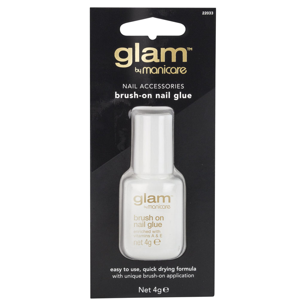 Glam By Manicare Brush-On Glue 4g: easy brush-on nail glue with vitamins A & E for healthy, secure nail enhancements.