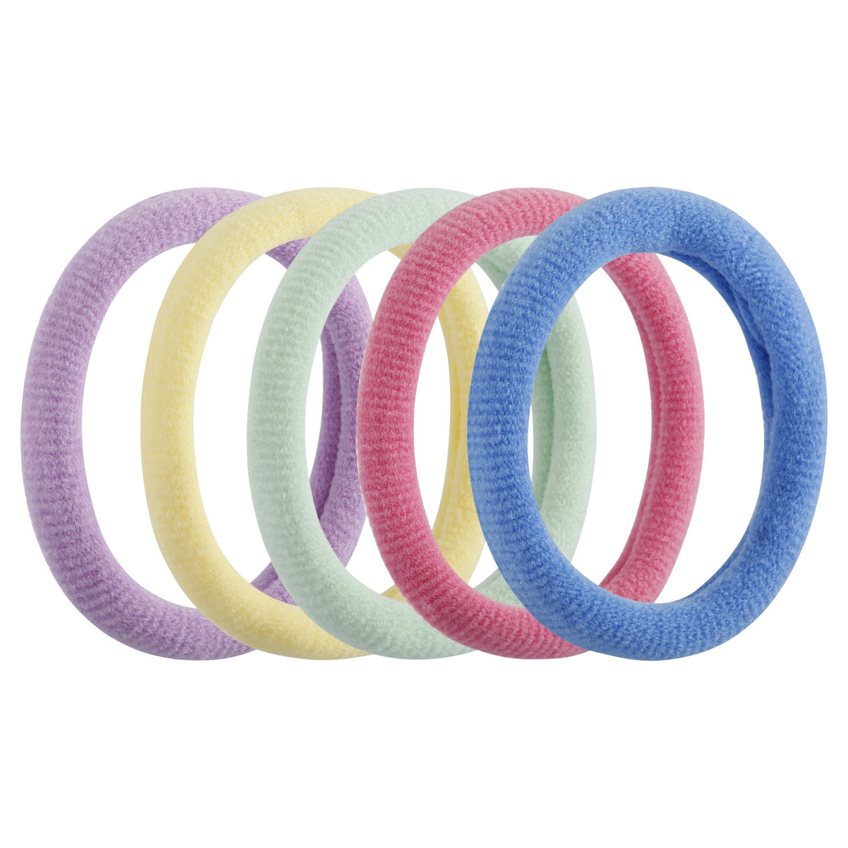 Soft pastel knitted ponytailers in a pack of 24, designed for comfort and style without knotting or pulling.