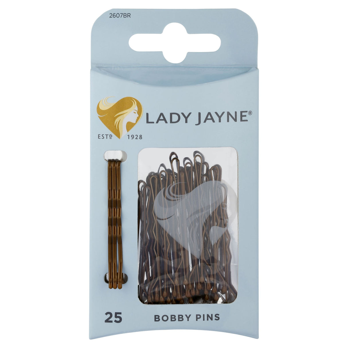 Lady Jayne brown bobby pins in a 25 pack, featuring cushioned tips and wave contours for secure all-day hold.