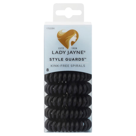 Lady Jayne black kink-free spirals, 8-pack, gently hold hair without creasing or damaging. Perfect for all hair types.