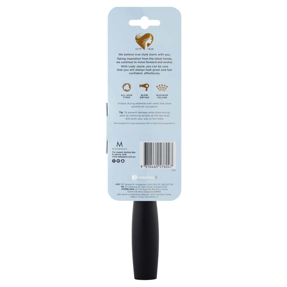 Large vent brush with flexible ball-tip bristles, perfect for detangling and creating various hair styles effortlessly.