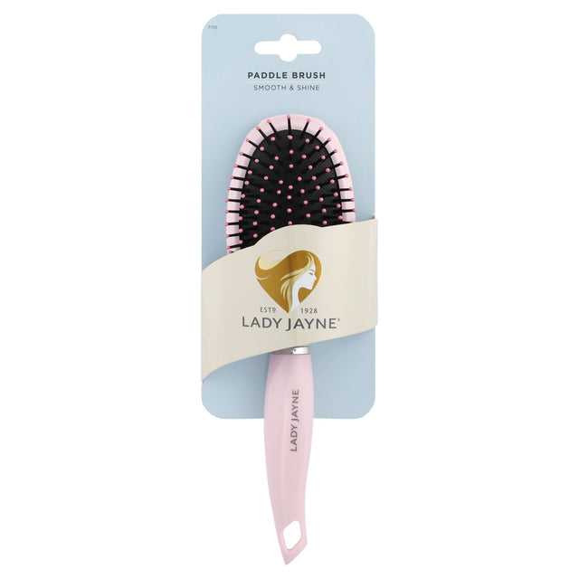 Lady Jayne Nylon Ball Tipped Cushion Pad Brush in pink and pearl white, designed for detangling, smoothing, and scalp massage.