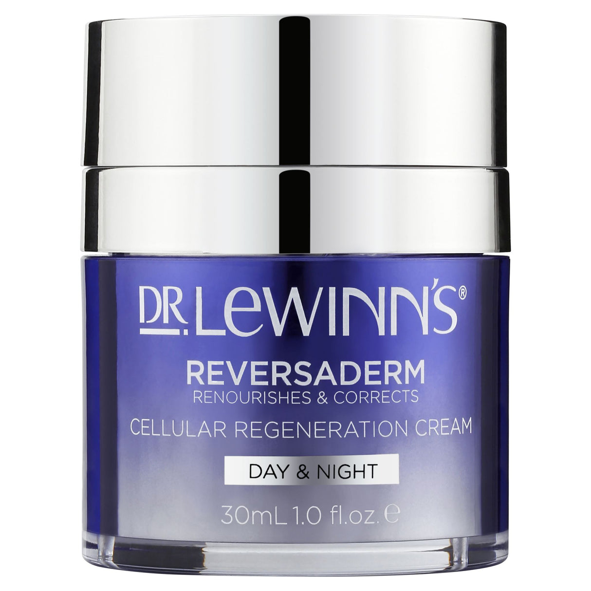 Dr. LeWinn's Reversaderm 30mL cream for youthful skin, featuring Resveratrol, Vitamin C, and Glycolic Acid to reduce aging signs.