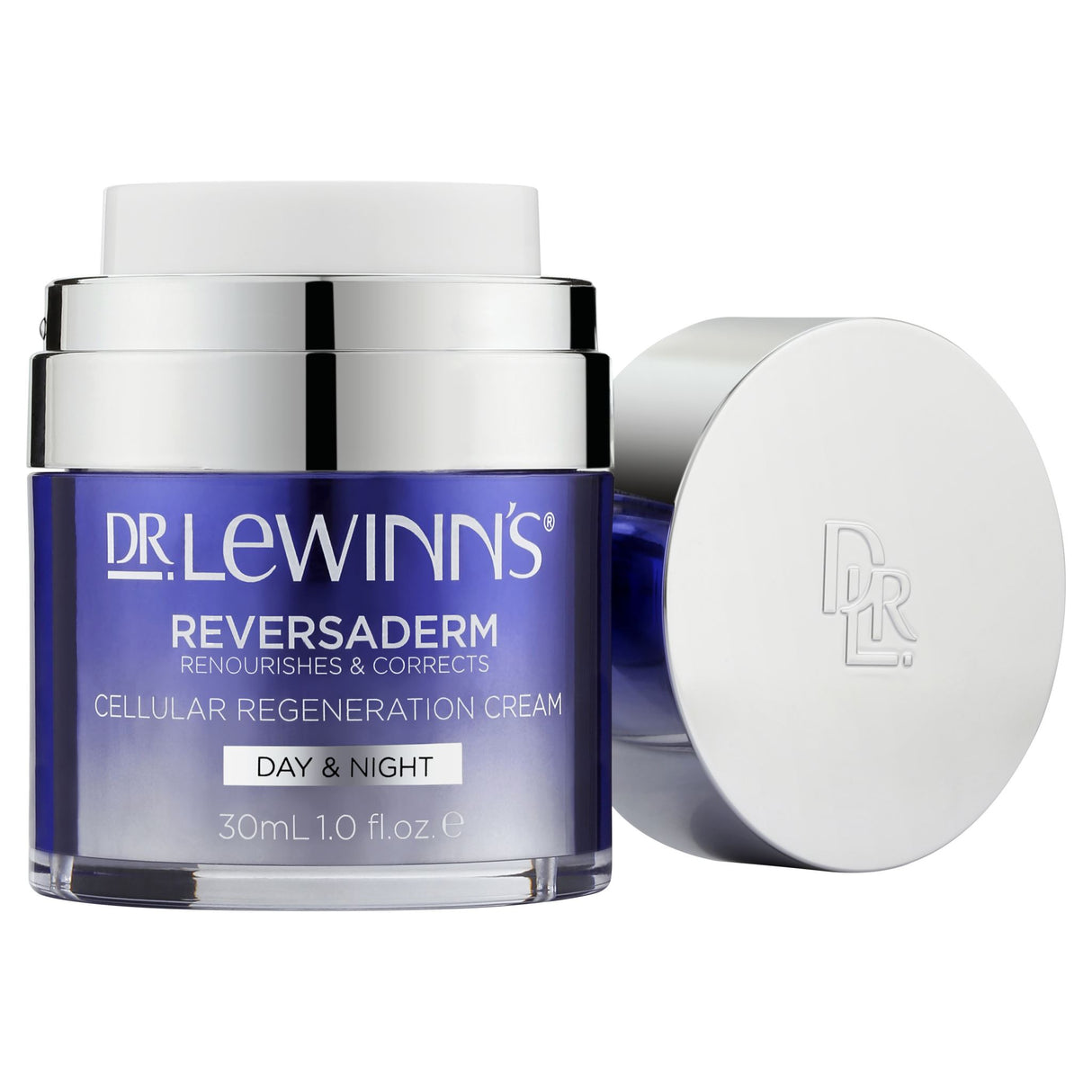 Dr. LeWinn's Reversaderm Cellular Regeneration Cream in a 30mL jar, targeting aging signs with Resveratrol and Vitamin C for radiant skin.