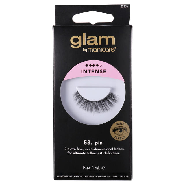 Glam by Manicare 54 Pia Lashes offer striking volume with multi-dimensional fibers for a captivating, elegant look.