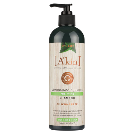 Refreshing A'kin Purifying Lemongrass & Juniper Shampoo for oily hair, gently cleanses and clarifies without stripping moisture.