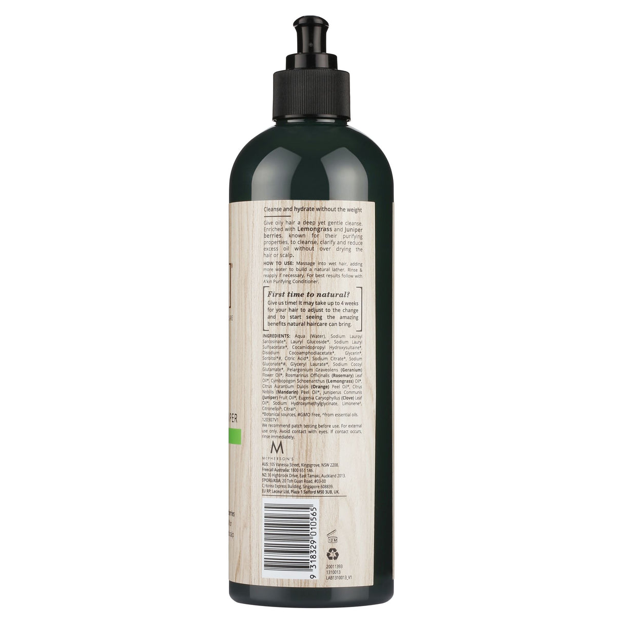 A'kin Purifying Lemongrass & Juniper Shampoo 500mL, a silicone-free cleansing formula for oily hair, infused with refreshing botanicals.