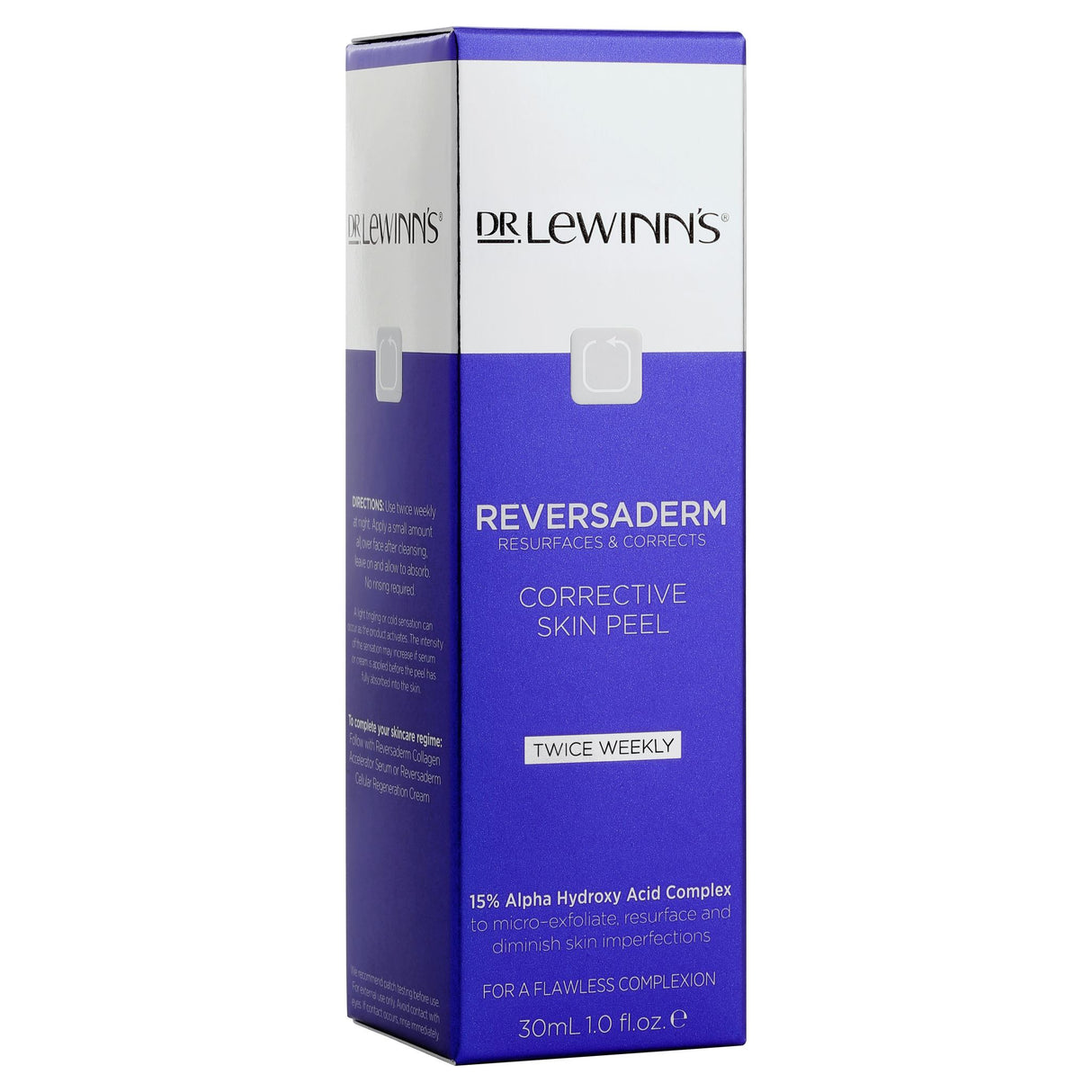 Dr. LeWinn's Reversaderm Skin Peel 30mL, an overnight gel with 15% AHA for micro-exfoliating and rejuvenating tired skin.