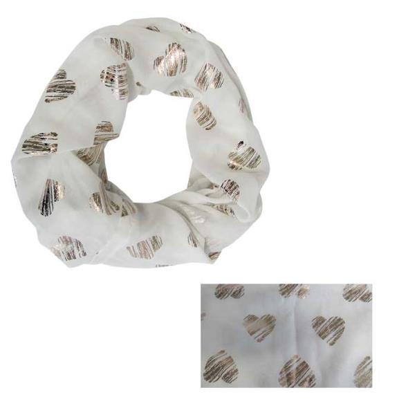 White snood scarf featuring gold heart patterns, made of 100% polyester, measuring 41 cm x 82 cm.