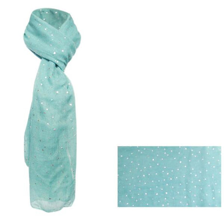 Mint green scarf with silver hearts, made of 100% polyester, measuring 70 cm x 180 cm.