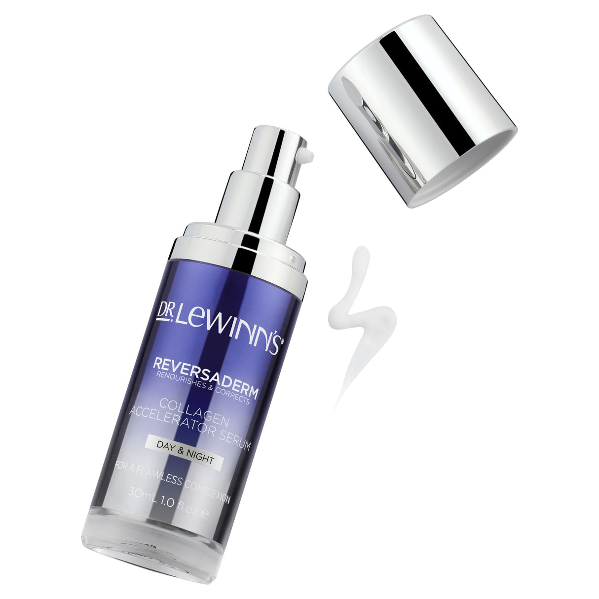 Dr. LeWinn's Reversaderm Serum for youthful skin, enriched with AHAs, Resveratrol, and Vitamin C, targets aging and imperfections.